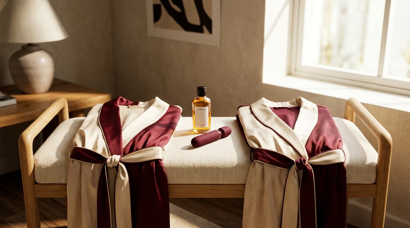 Two matching silk robes lie perfectly aligned on a side-facing vanity bench, a bottle of lubricant and a small bedside vib...