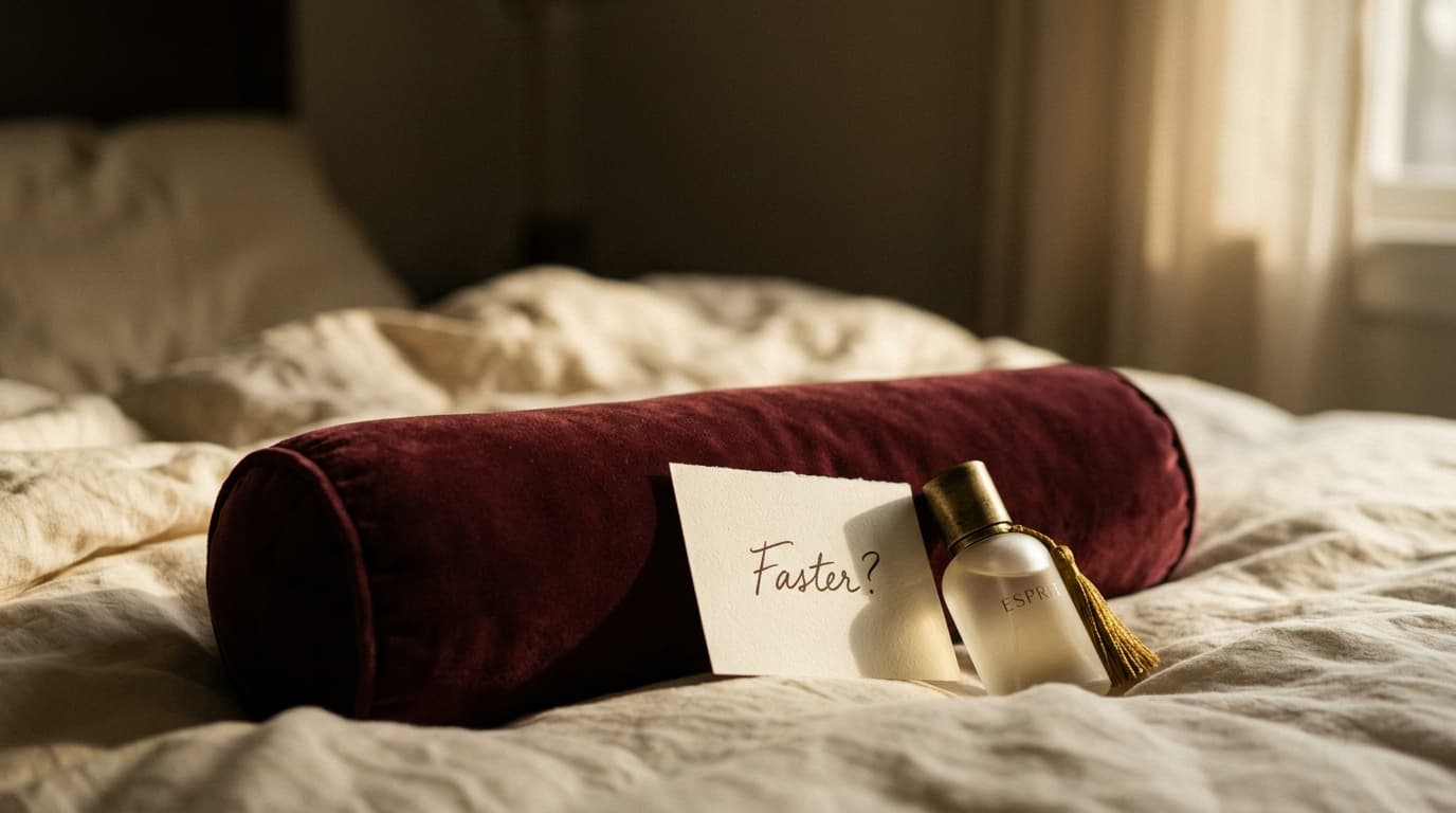 A single, plush bolster pillow rests on a wrinkled duvet, supporting a handwritten note on cream cardstock that reads "Fas...
