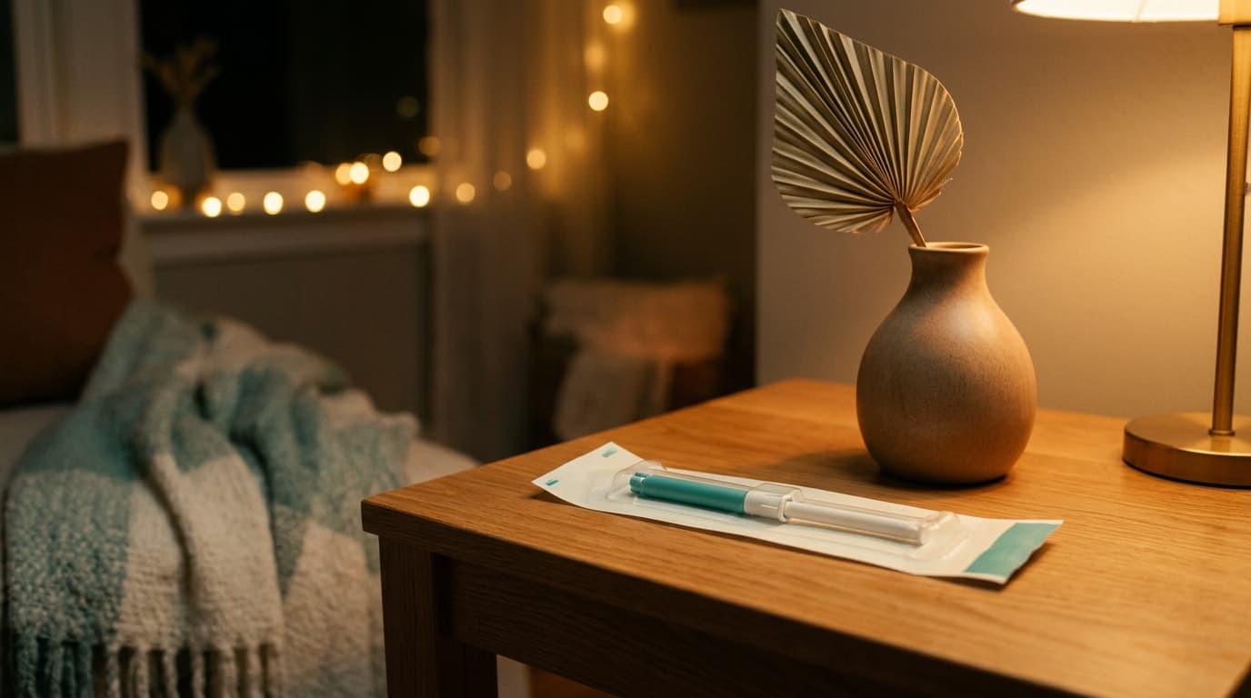 A wide, eye-level shot captures a polished oak side table at night. A sterile, unopened IUD applicator sits beside a singl...
