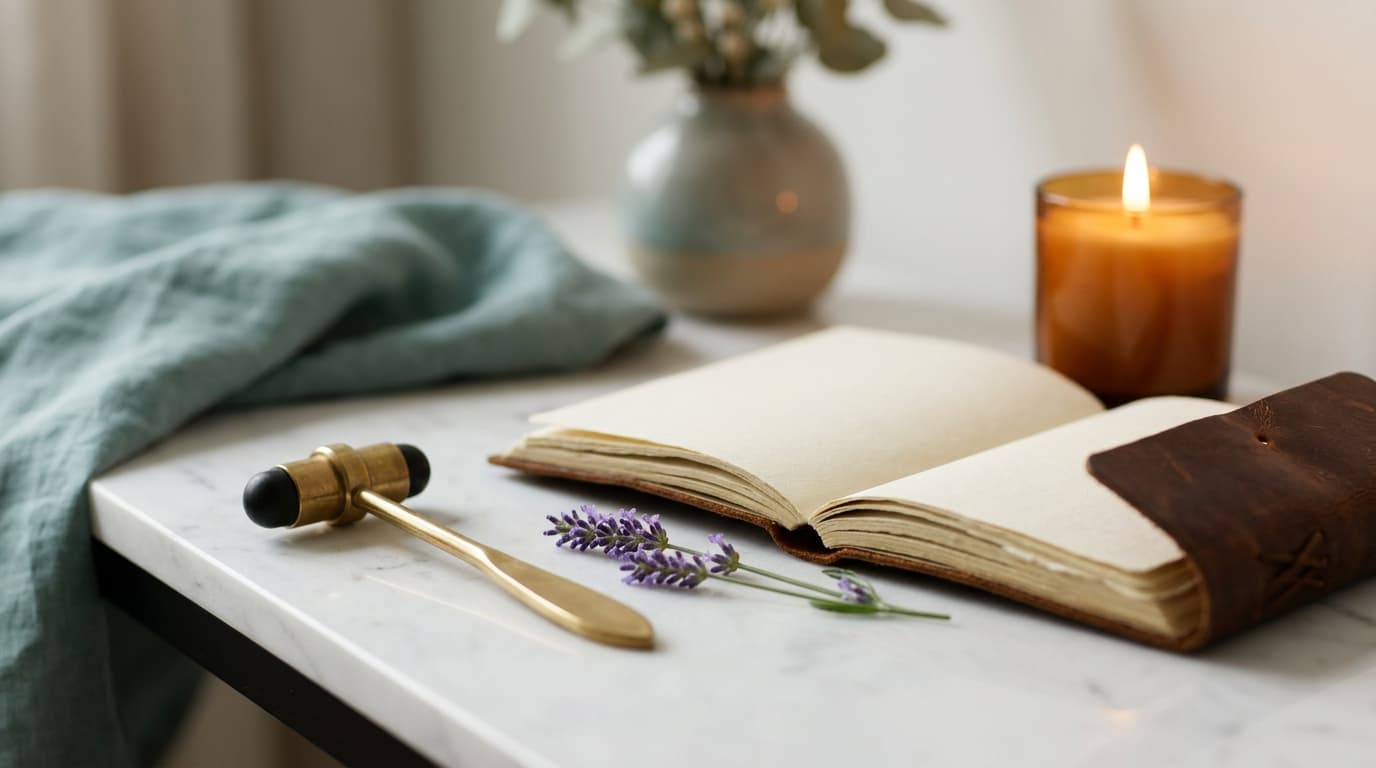 A brass medical reflex hammer rests beside an open leather-bound journal and a single lavender sprig on a marble console,...