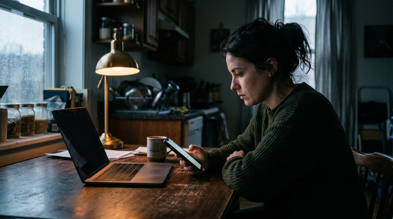 A woman sits at a wooden kitchen table, staring intently at a glowing smartphone. Her body is angled away from an open lap...