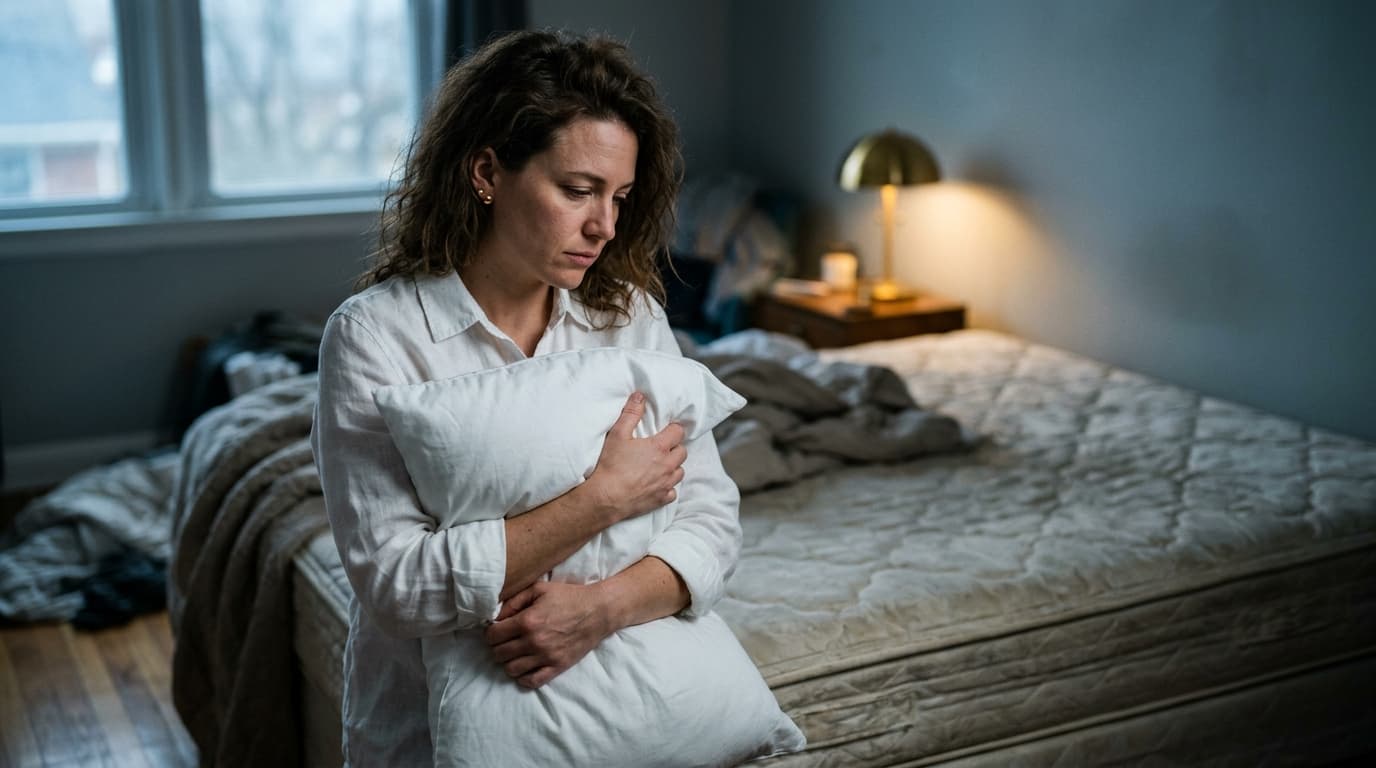 A woman in a white linen shirt stands by a stripped bed, clutching a single new pillow. The room is bathed in golden hour...