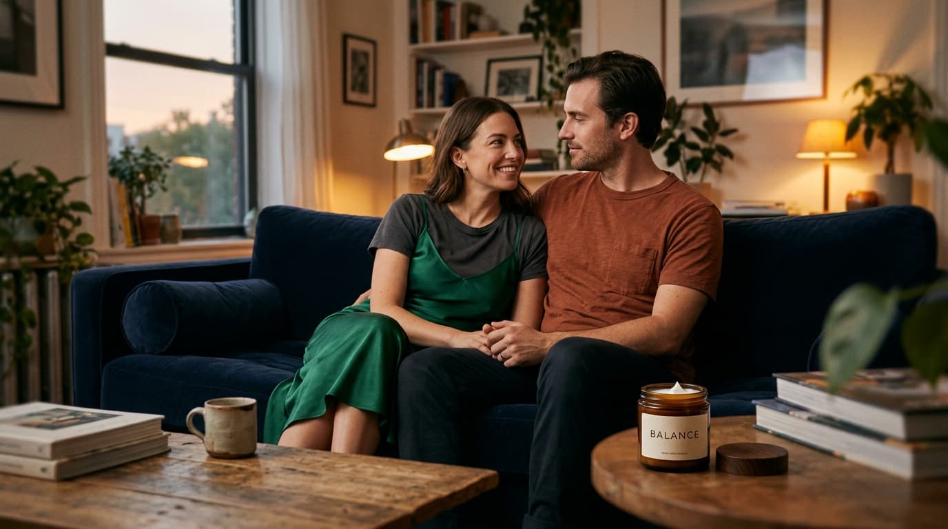 A woman in a silk slip and her partner in a cotton t-shirt sit on a sofa, sharing an intimate look. A small hormone-balanc...
