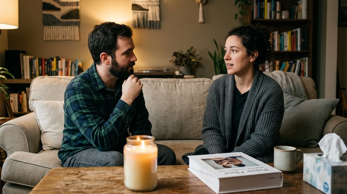 A woman in a cozy ribbed cardigan and her partner in a soft flannel shirt sit on a sofa, speaking earnestly. A pelvic floo...