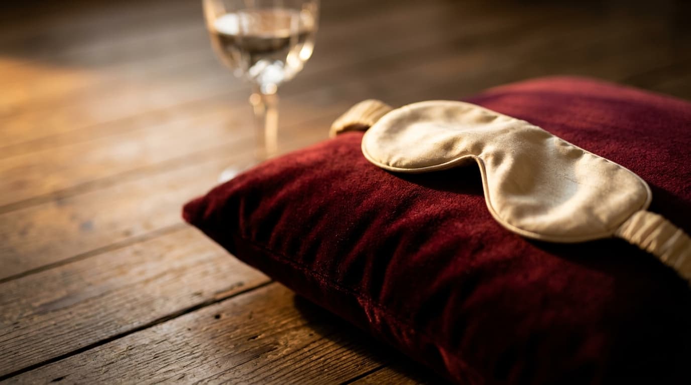 A mahogany meditation cushion rests on floorboards, topped with a single, draped silk blindfold. Golden light catches the...