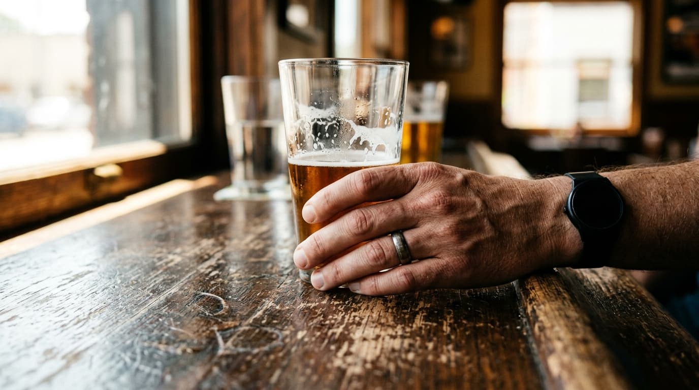 A close-up, 100mm macro shot captures a hand resting on a weathered, wooden bar top at a Black Rock tavern, clutching a ha...