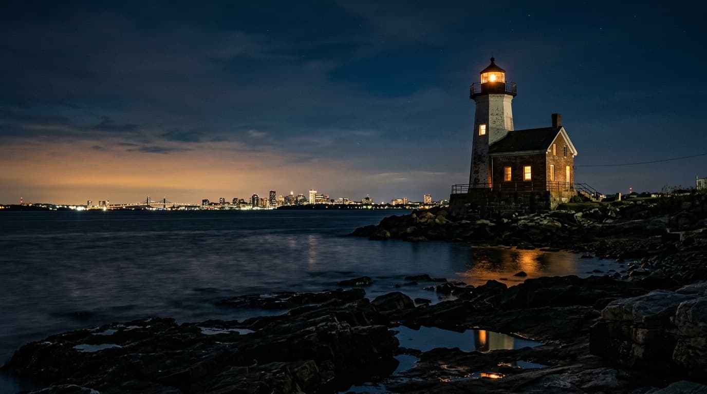 A low-angle, 35mm hero shot of the Steelpoint lighthouse at midnight. The structure stands offset right, illuminated by de...