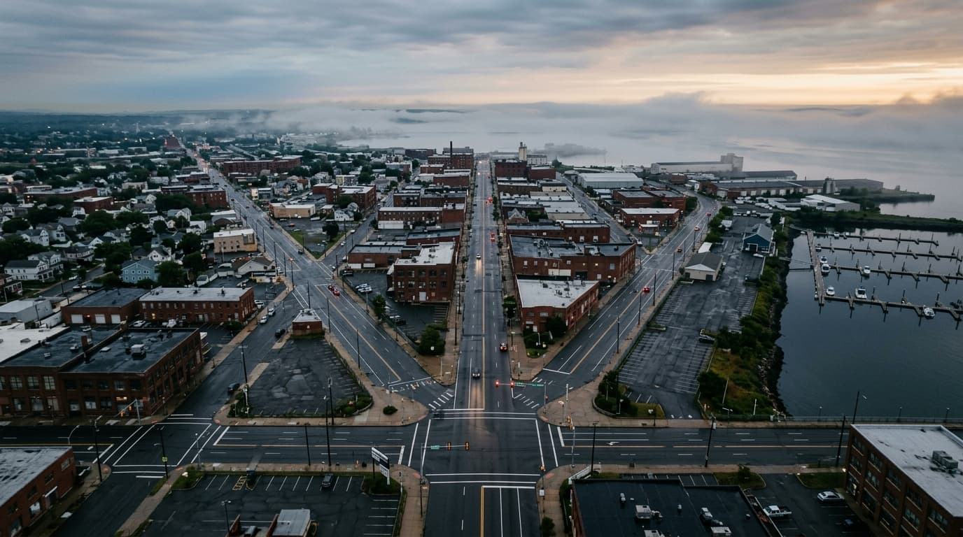 An overhead 24mm flat-lay view of the Bridgeport Steelpointe Harbor intersection at overcast dawn, featuring perfectly sym...