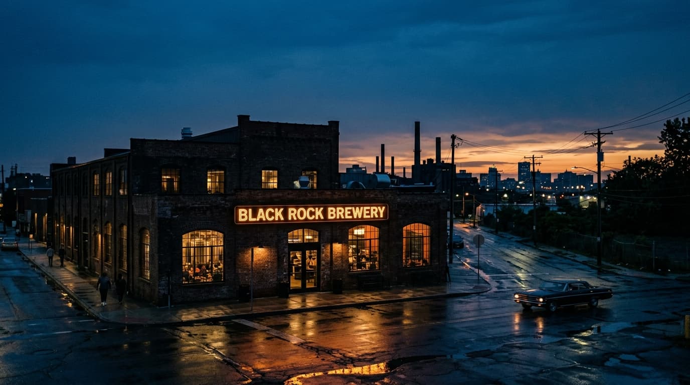 The neon sign of the Black Rock brewery glows in warm tungsten against the dark industrial brick facade, reflecting onto t...