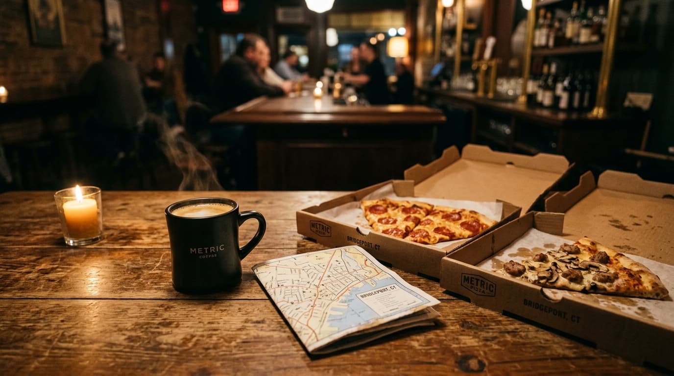 A medium shot of a rustic bar table featuring a steaming cup of Metric coffee, a folded map of Bridgeport, and two slice-l...