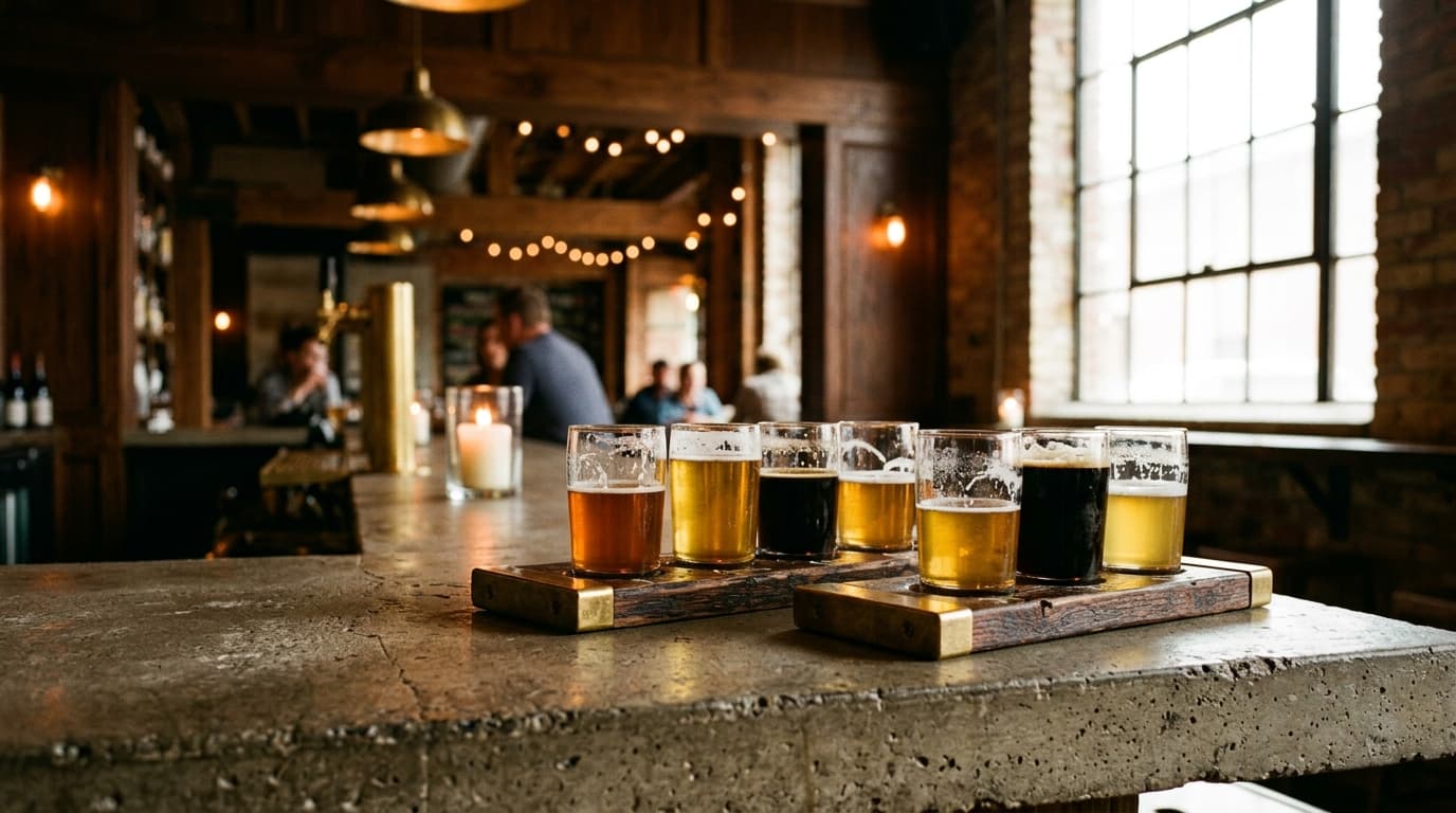 A close-up 35mm shot at Berlinietta Brewing shows two half-filled craft beer flights on a minimalist concrete bar, bathed...