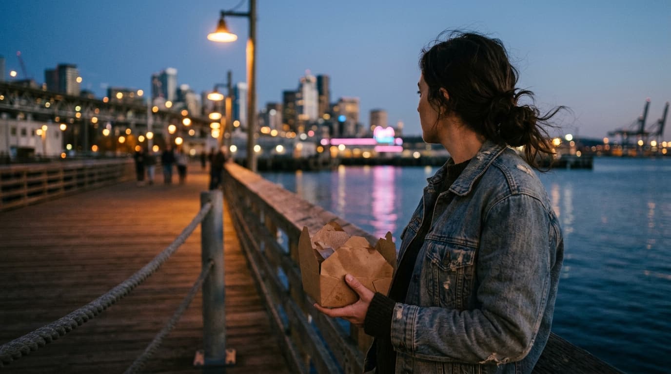 A woman in a vintage denim jacket stands on a Steelpointe Harbor pier at twilight. She holds a to-go box, looking toward t...