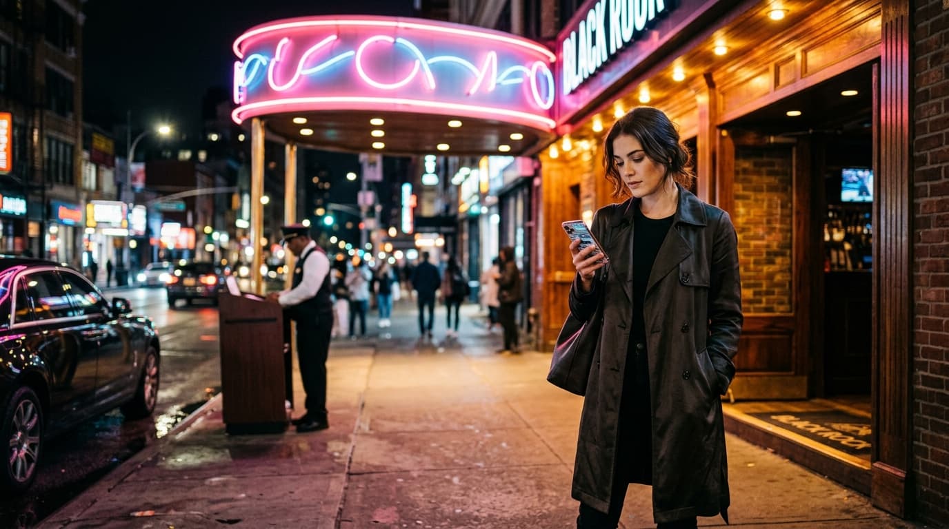 A woman in a silk trench coat checks her phone while standing near a bright Black Rock tavern entrance. Behind her, a vale...