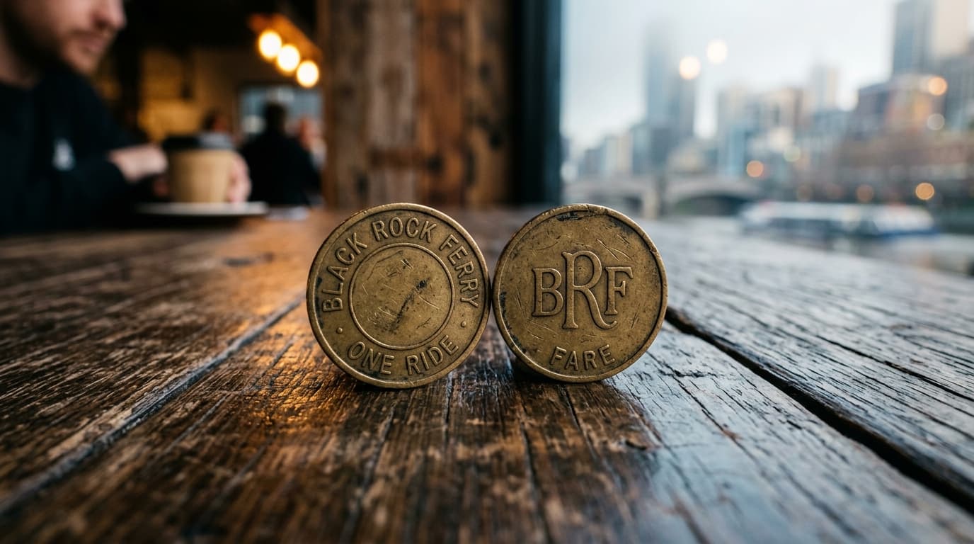 A 24mm wide-angle, centered shot of two weathered brass ferry tokens resting on a rustic wooden table at a Black Rock brew...