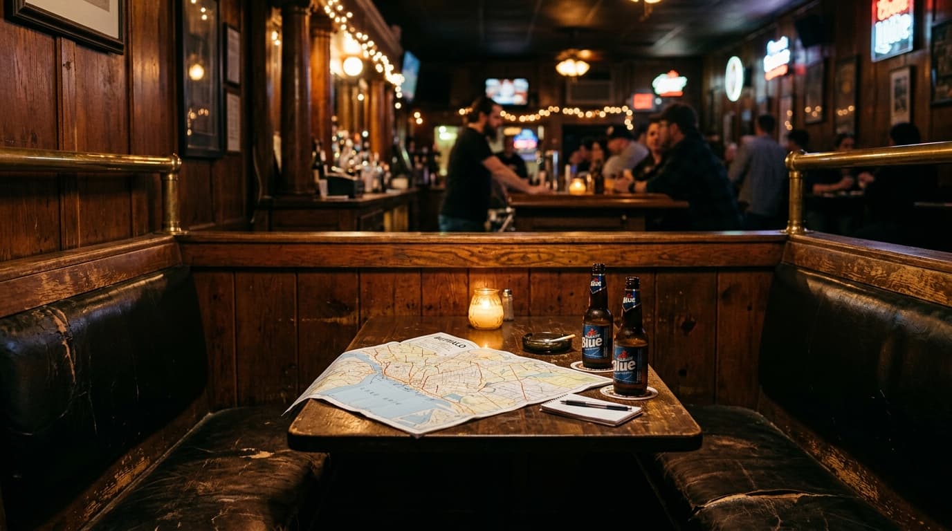 A wide shot of a dive bar booth at midnight, bathed in dim tungsten light. A worn leather seat holds an open map of Buffal...