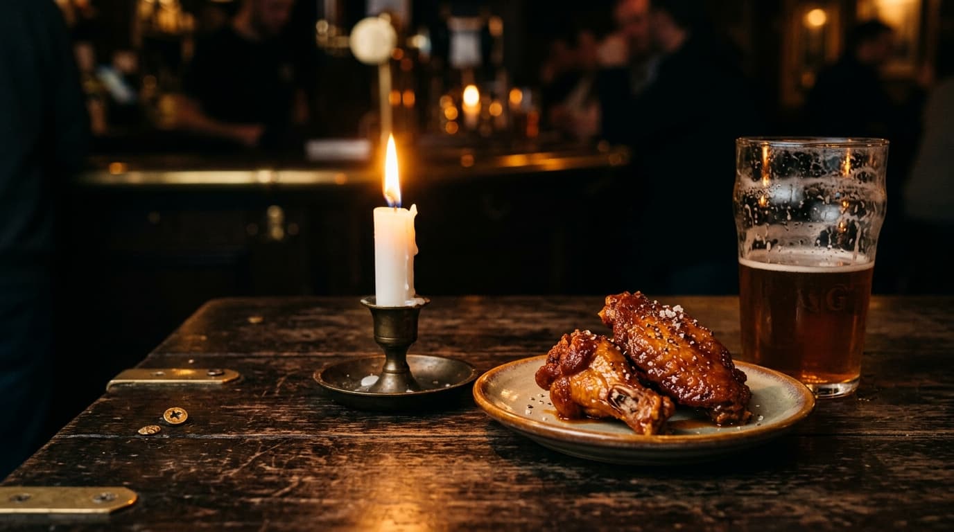 A macro shot of a single flickering candle resting on a dark, rustic wood table at Gabriel's Gate, illuminating a plate of...