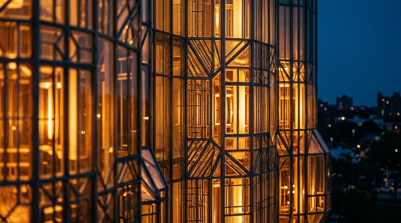A tight 100mm macro shot of the ornate, glowing glass architecture of the AKG Art Museum at dusk. Warm tungsten lights rad...
