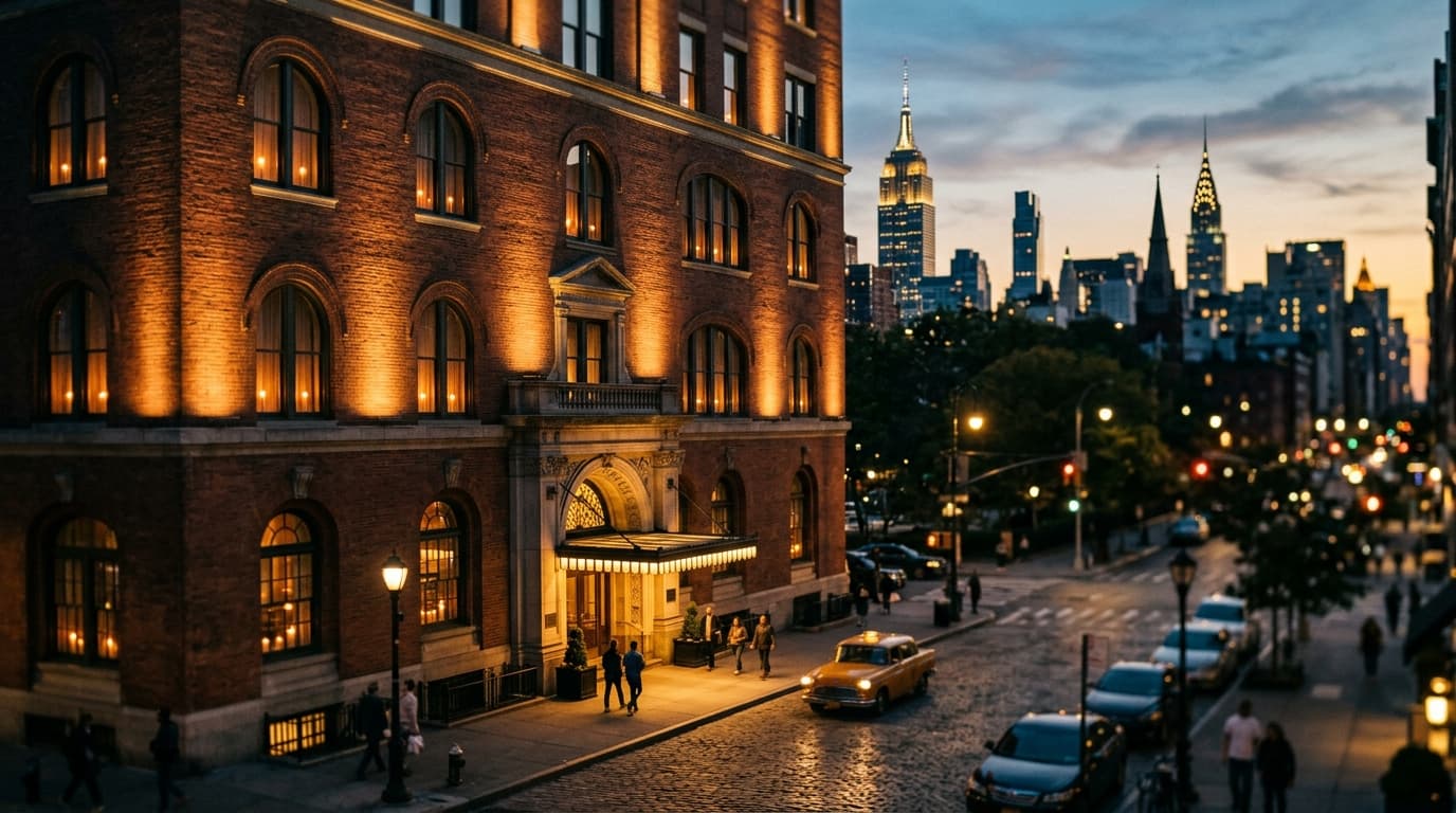 A medium shot, tilt-shift lens captures the illuminated brick facade of the Hotel Lafayette at dusk. Candlelight flickers...