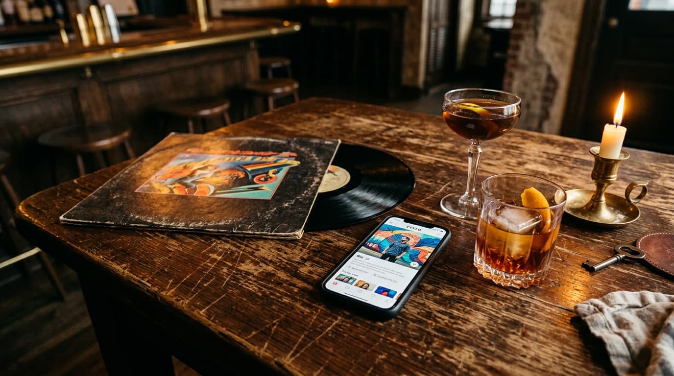 Overhead flat-lay on a scarred wooden table in an Allentown bar. A vintage vinyl record sleeve, two craft cocktails, and a...