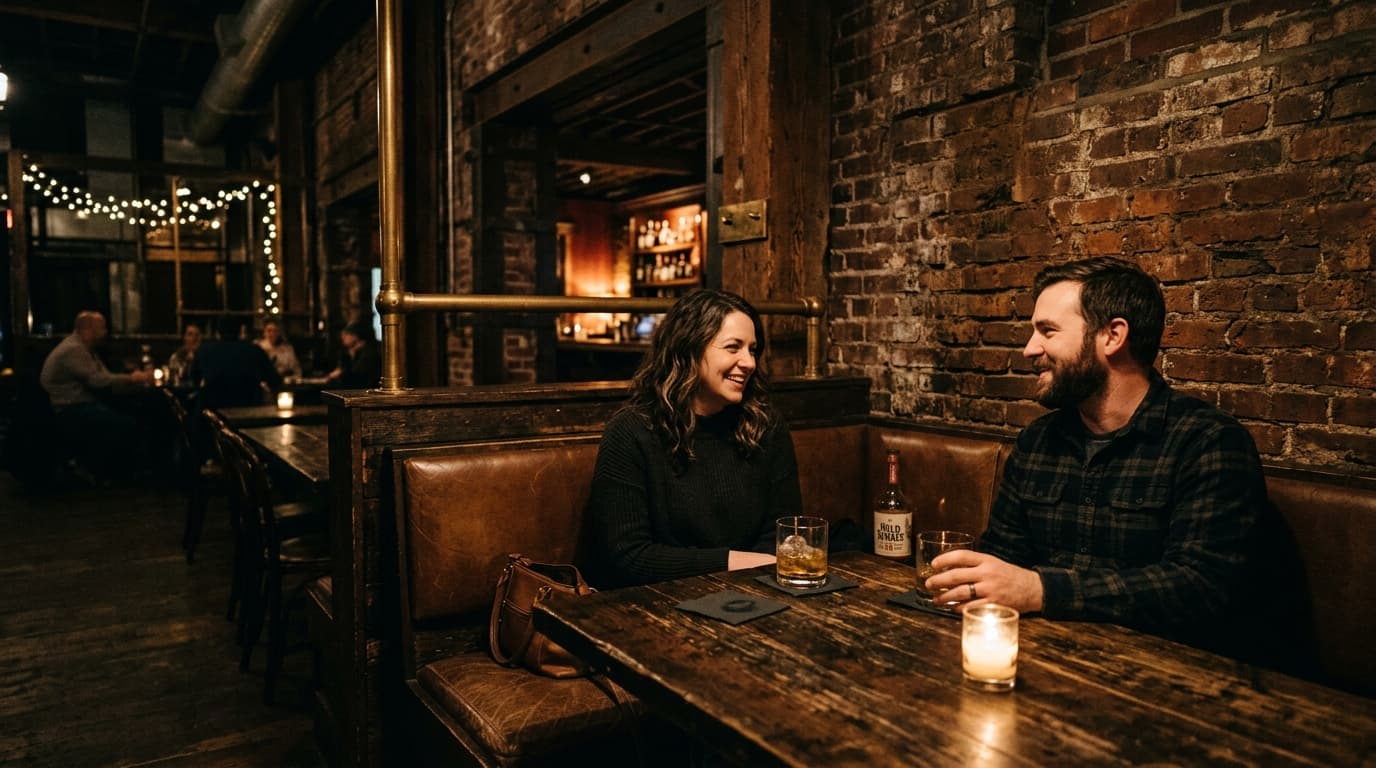 A wide 35mm shot inside Duende at Silo City, capturing a candlelit corner booth with rusted industrial brick walls. Two ha...