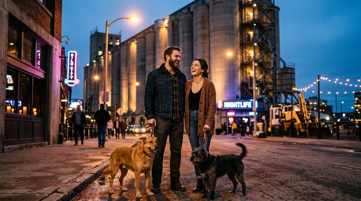 A centered medium shot, 24mm, captures a couple laughing by the Silo City grain elevators at dusk. They hold leashes for t...