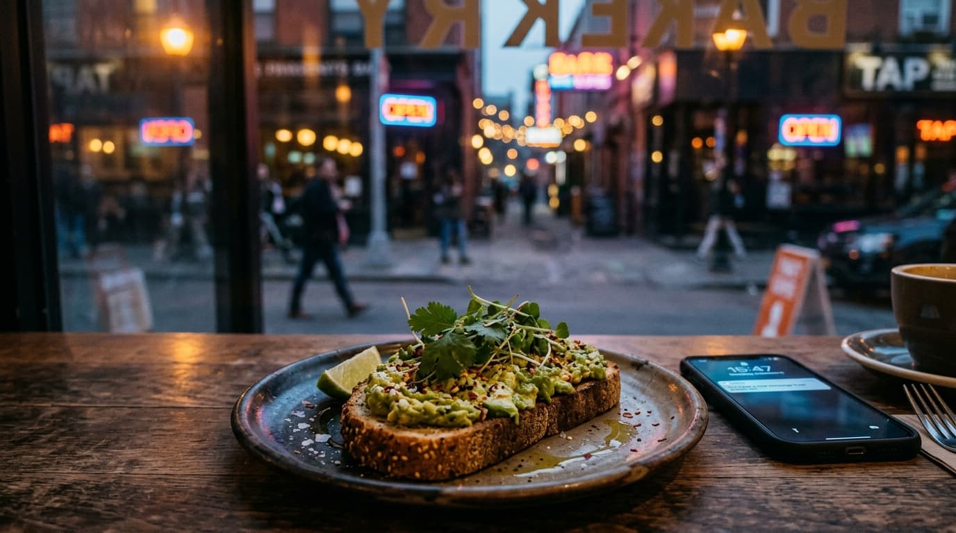 A 50mm close-up shows a gourmet avocado toast on a ceramic plate, resting on a Five Points Bakery table. A Hinge notificat...