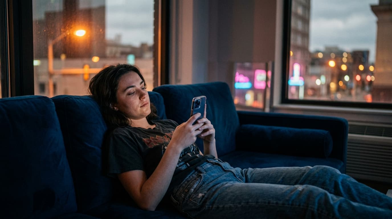 An 85mm portrait captures a woman in a vintage band t-shirt, lounging on a velvet couch in a dimly lit Allentown apartment...