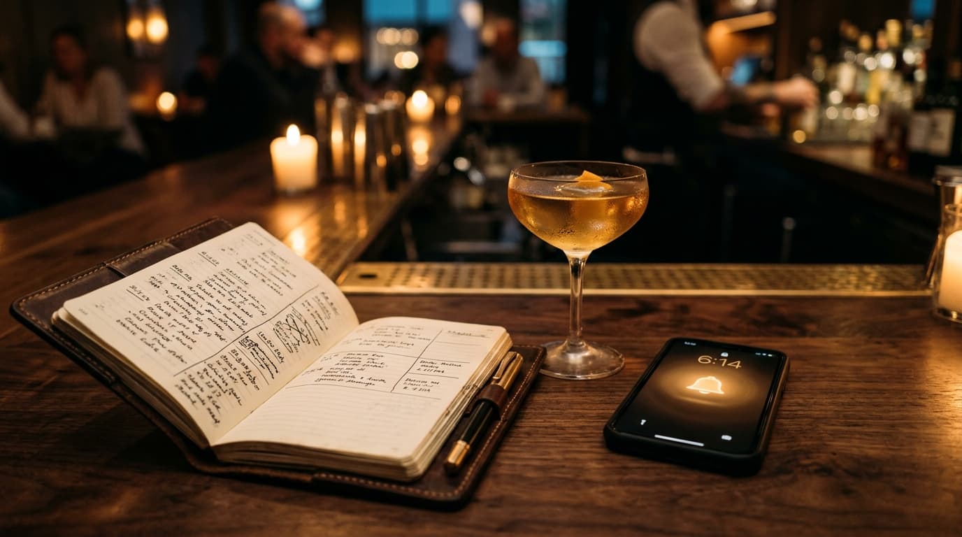 A high-end leather planner lies open on a dark wood bar next to a chilled coupe glass, featuring a subtle, golden-hued dig...