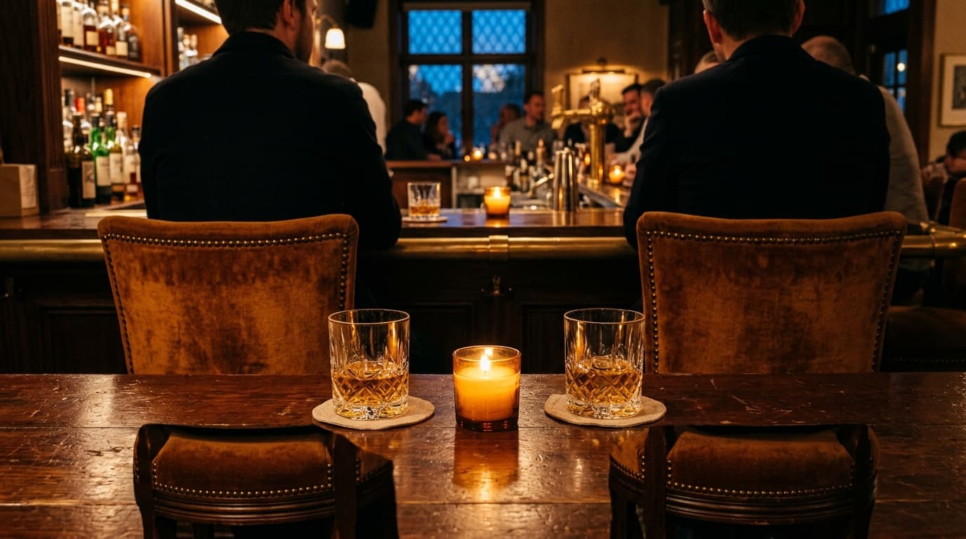 Over-the-shoulder perspective of two velvet high-backed bar stools at a polished dark wood bar, two crystal tumblers with...