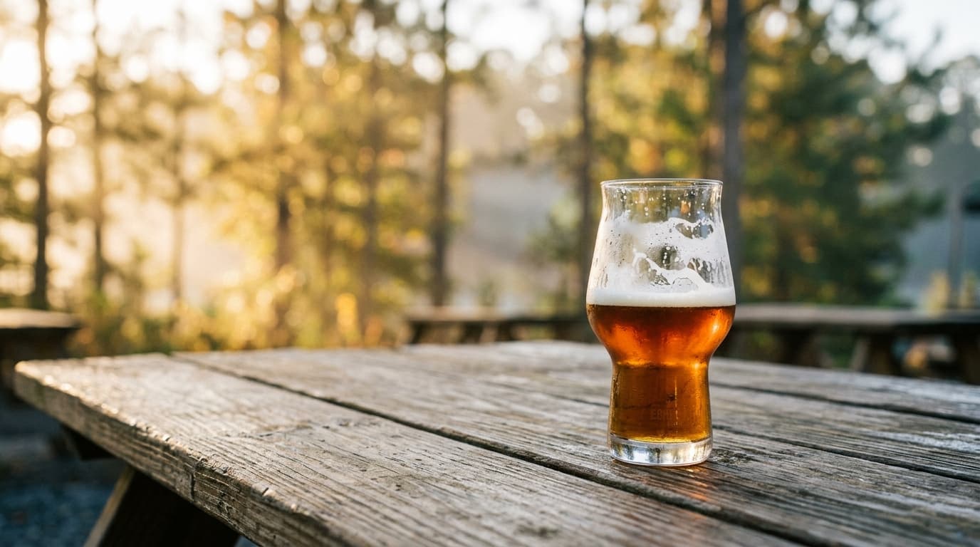 A golden hour 35mm shot, offset right, shows a half-empty craft beer glass on a rustic Bond Brothers picnic table, with bl...