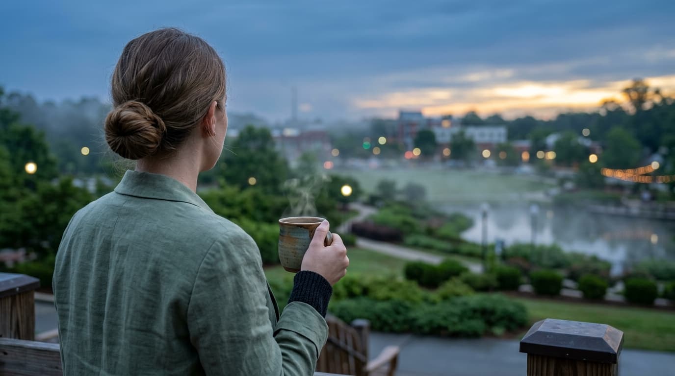An over-the-shoulder 85mm shot at blue hour captures a woman in a sage linen blazer holding a steaming ceramic coffee mug,...