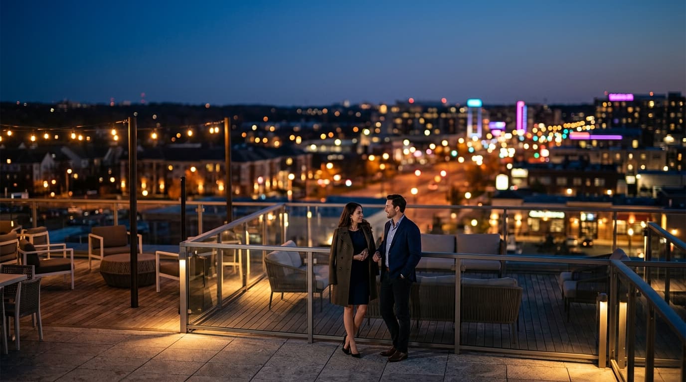 A wide, 50mm shot captures a professional couple in evening attire standing on a modern outdoor terrace at Fenton. Warm tu...