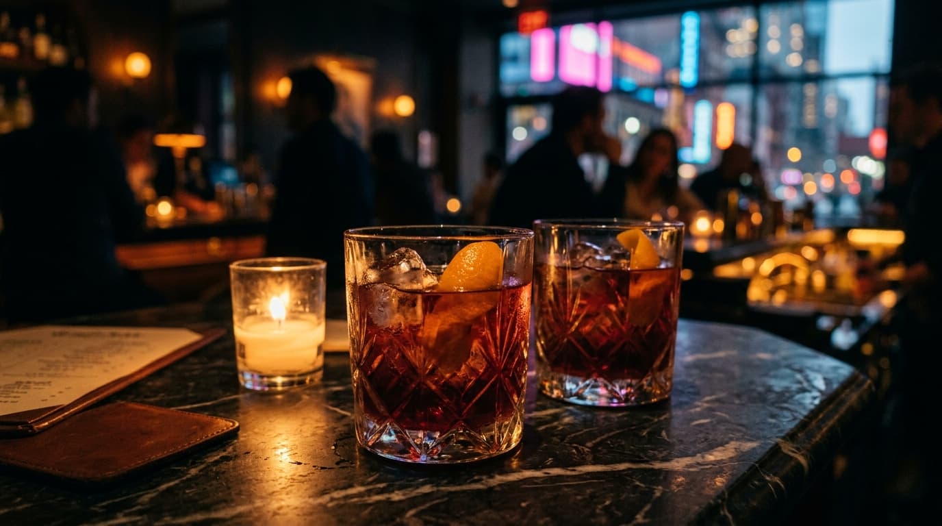 A close-up shot of two crystal tumblers holding Negronis, resting on a dark marble table inside SideBar. The soft, warm ca...