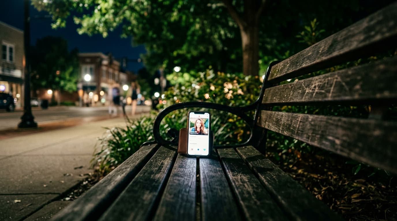 A low-angle, 24mm hero shot centered on a glowing smartphone displaying a Hinge profile, resting on a rustic wooden park b...