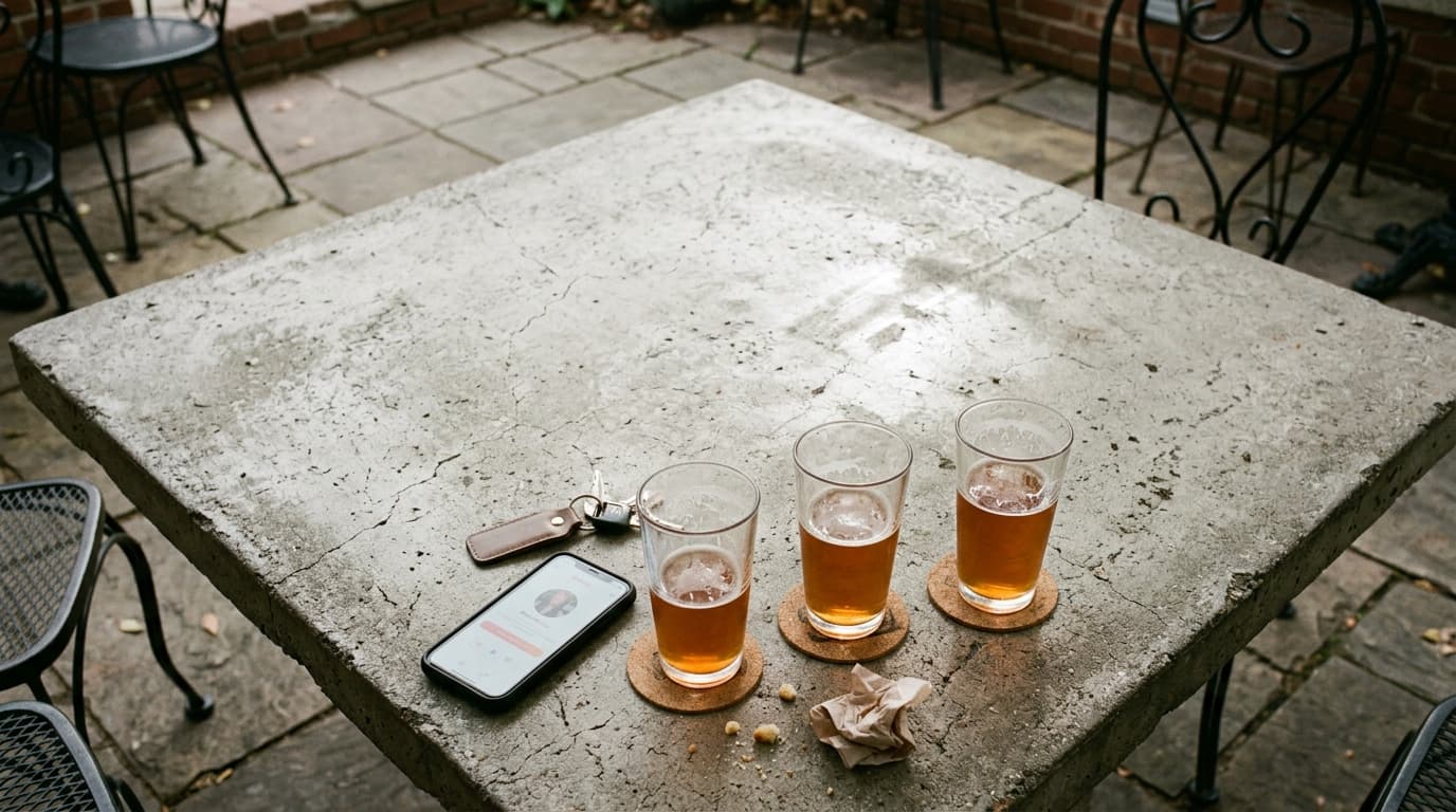 An overcast morning overhead flat-lay of a textured concrete cafe table at Bond Brothers, featuring two half-full craft be...