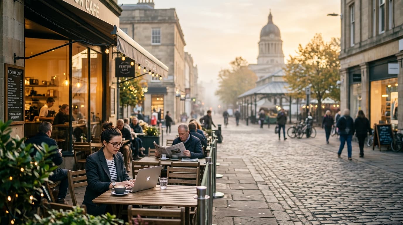 A wide establishing shot of a brightly lit Fenton café patio at dusk. A woman in a charcoal blazer taps a laptop, while a...