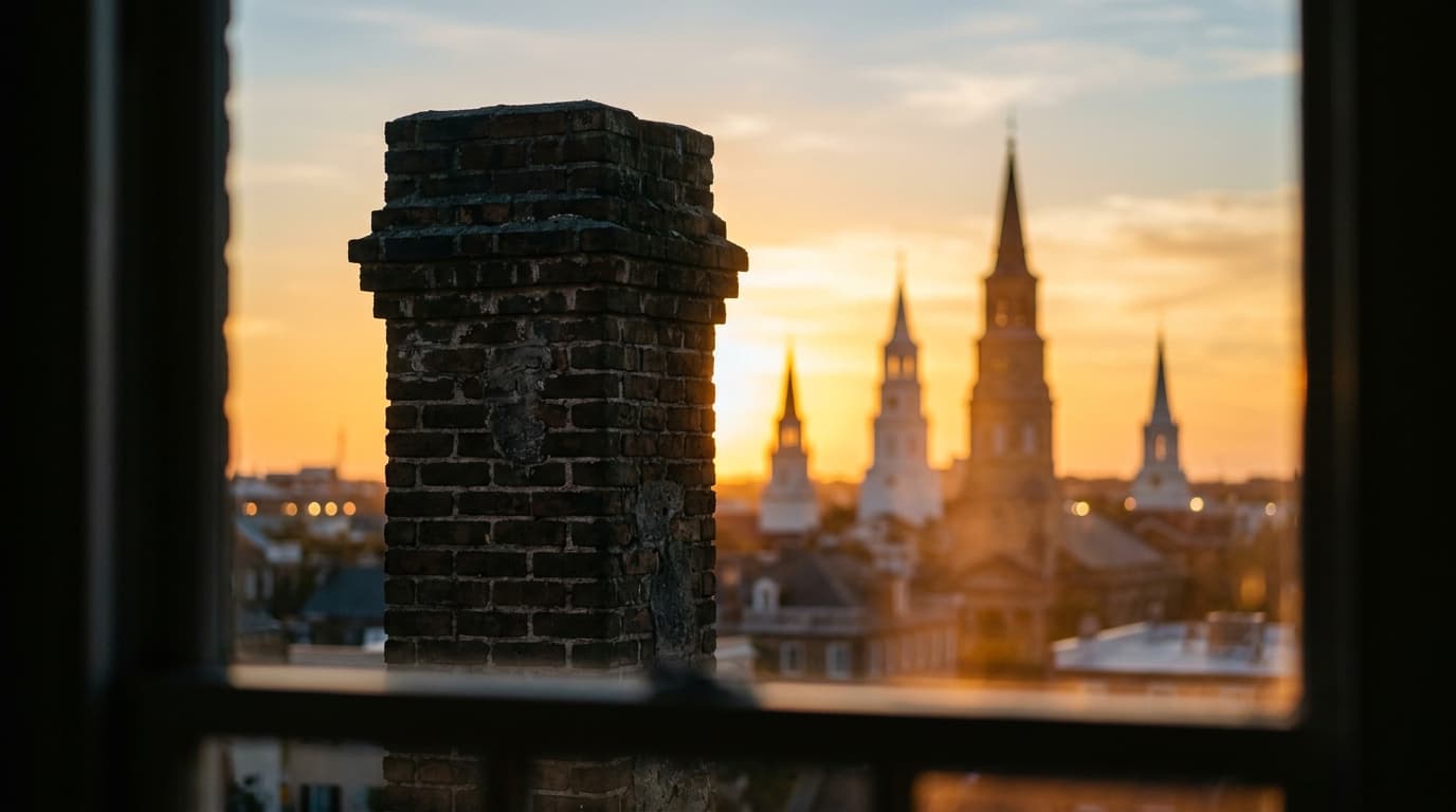 A close-up, shallow depth-of-field shot of a weathered brick chimney silhouette against the Charleston skyline at noon, wi...
