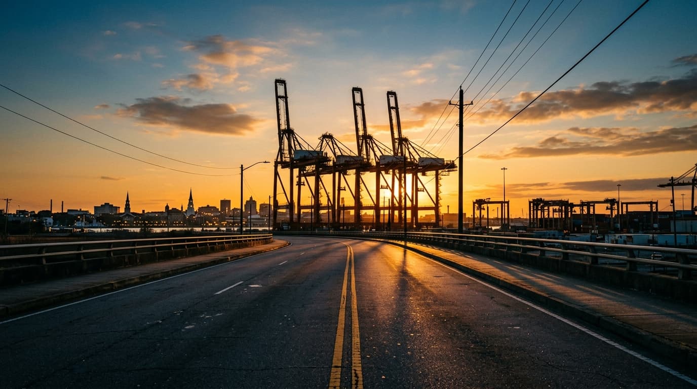 Extreme wide-angle shot of the sun setting behind the rusted industrial crane silhouettes along Morrison Drive, casting lo...