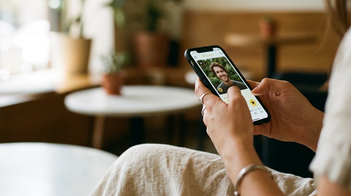 A close-up 35mm shot, offset right, of a modern smartphone showing a Bumble profile held by a woman in a linen sundress, b...