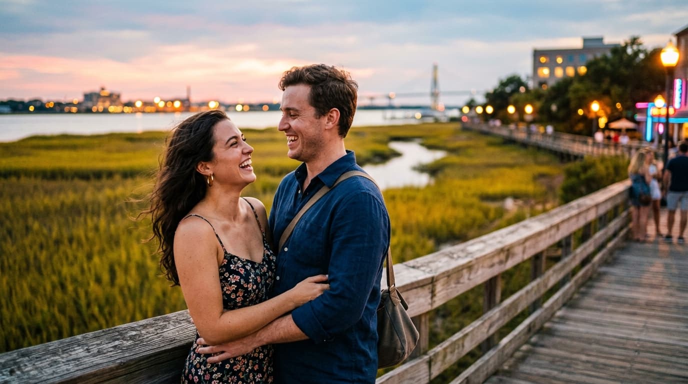 An 85mm portrait shot, offset left, of a couple laughing on the Pitt Street Bridge at golden hour, backlit by marsh grass,...