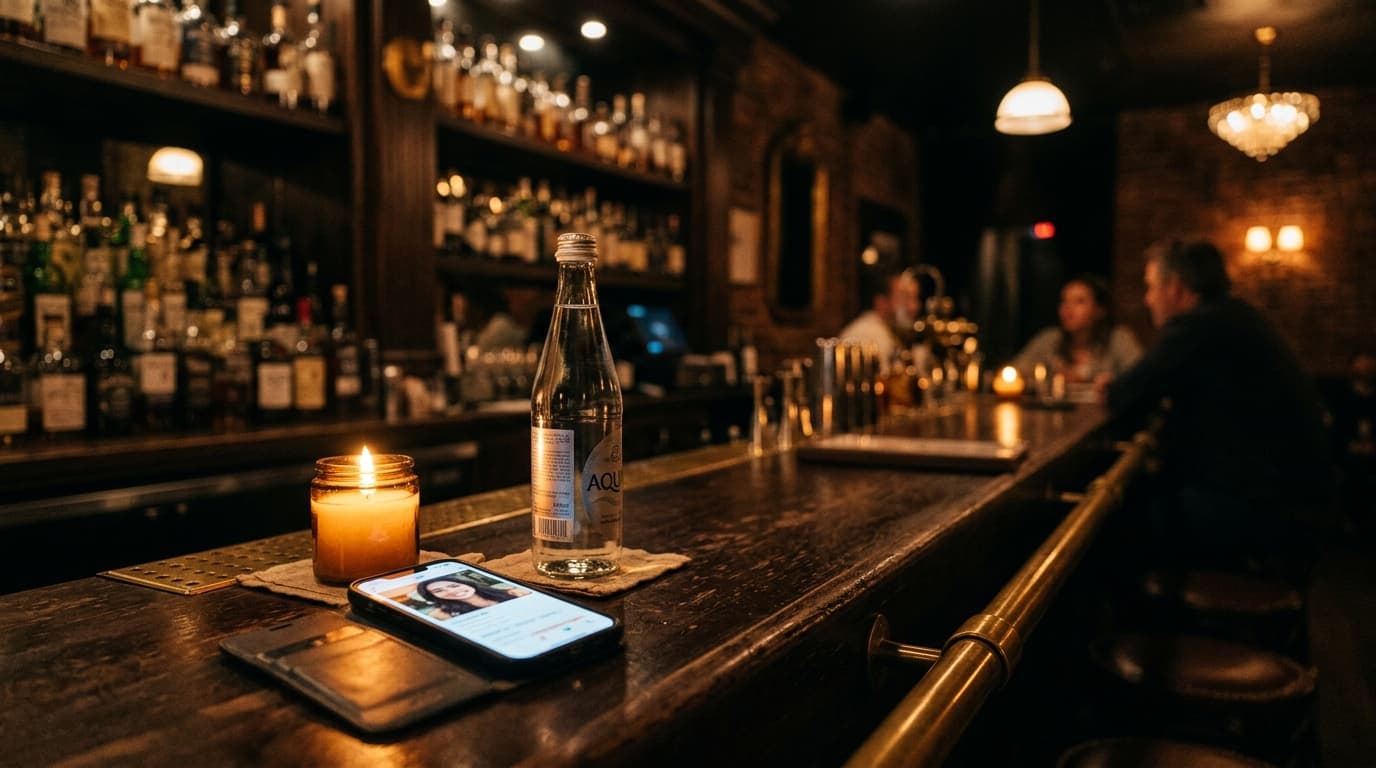 A medium shot of an unlit cocktail bar counter at night. An open smartphone showing a dating profile rests beside a single...
