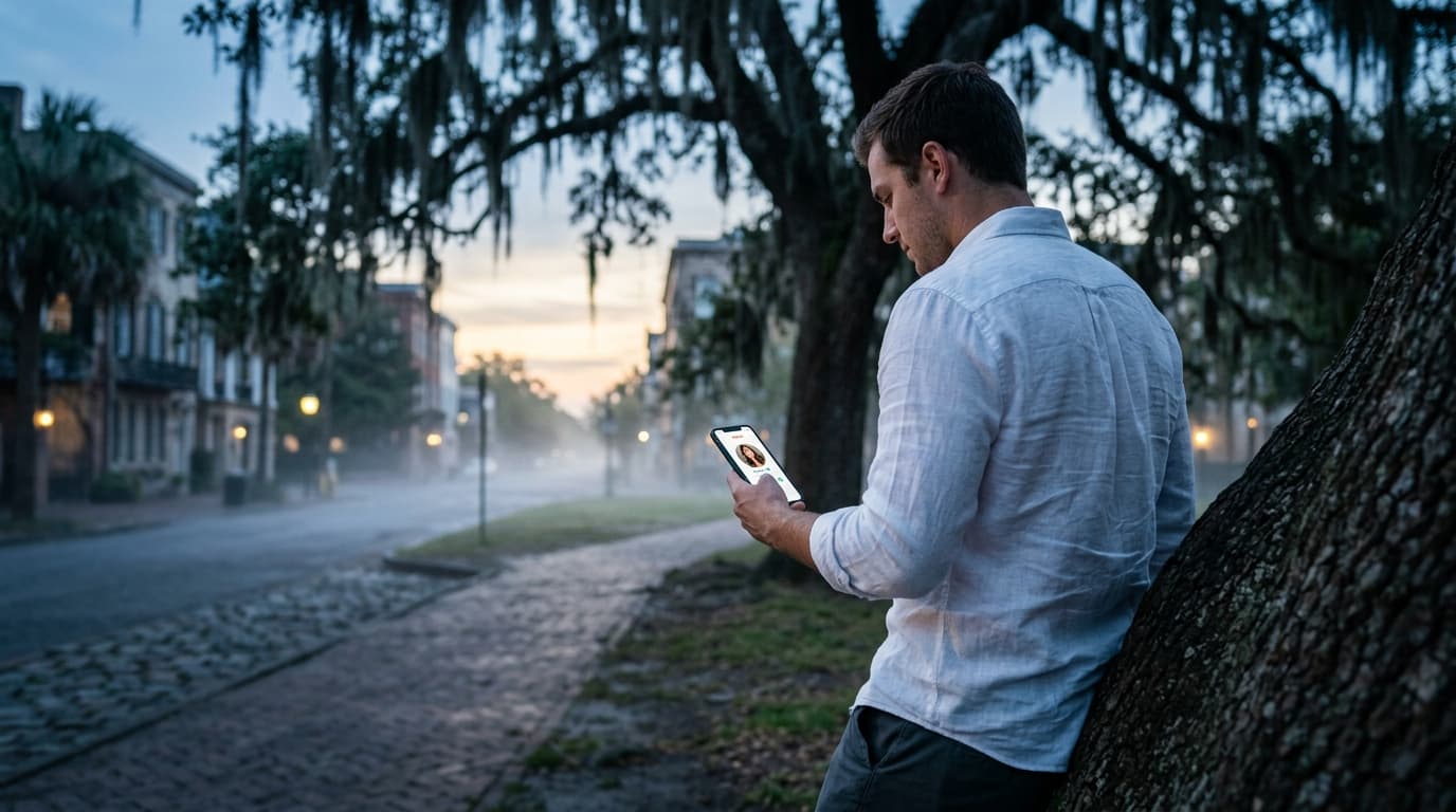 A man in a crisp white linen button-down leans against a live oak draped in Spanish moss at blue hour, holding a smartphon...