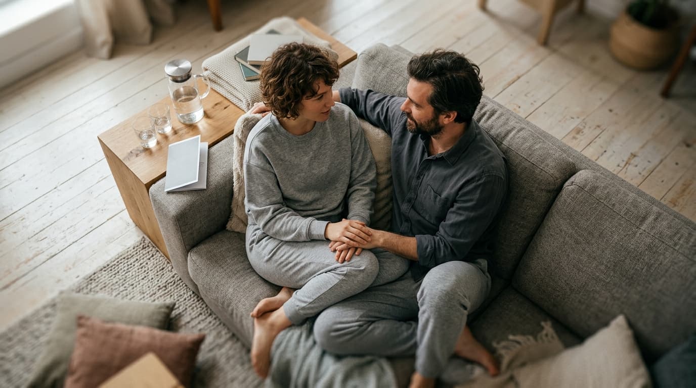 Overhead flat-lay, tilt-shift focus on a couple in grey loungewear sitting on a couch. They hold hands, talking calmly nea...