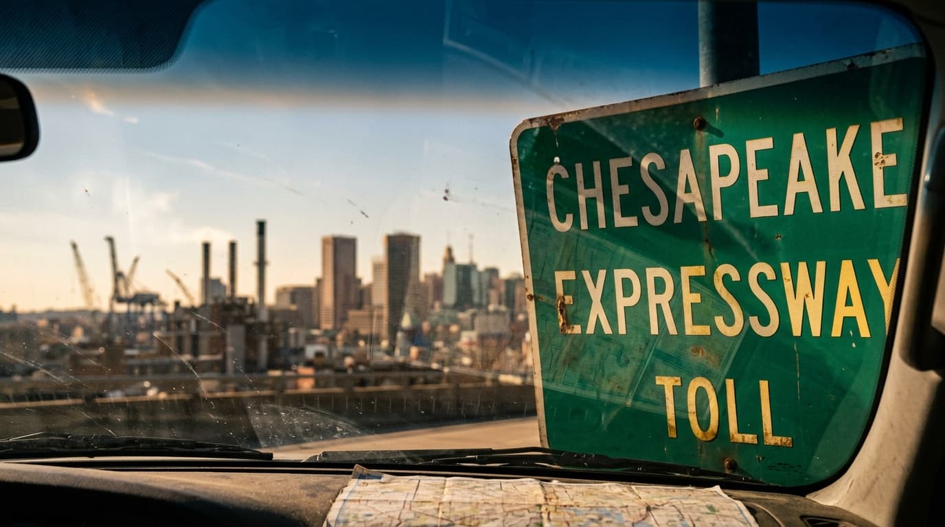 A weathered Chesapeake Expressway toll sign sits in the foreground, illuminated by harsh noon sun. The background features...