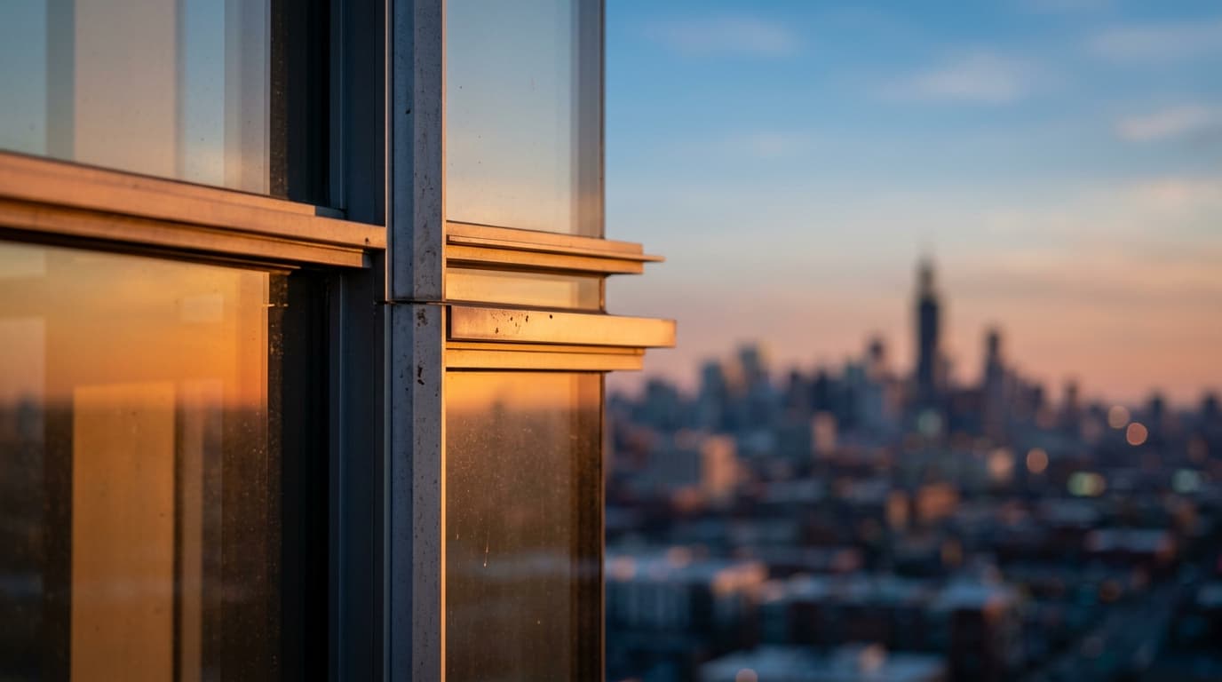 An 85mm macro shot captures the warm, amber glow of a modern glass facade at Summit Pointe. Golden hour light reflects off...