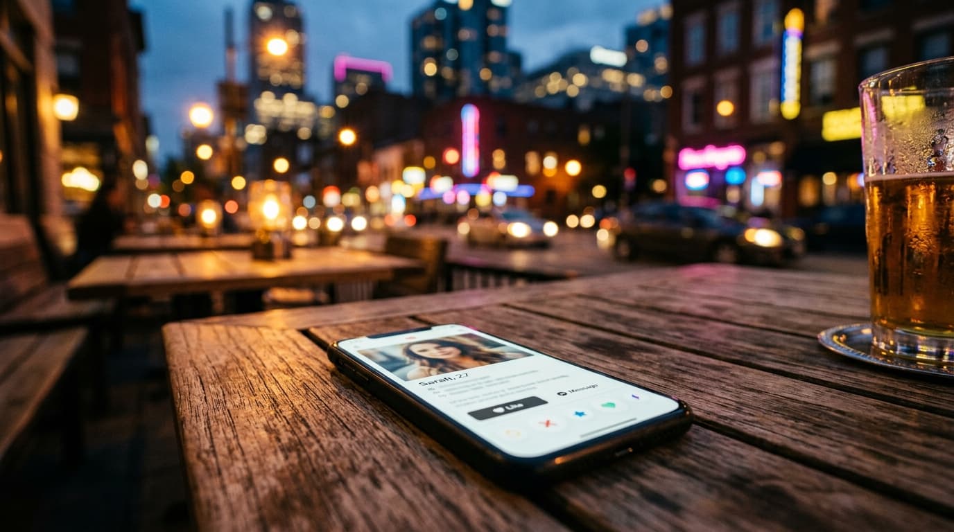 A macro, selective-focus shot of a smartphone screen showing a Bumble profile, resting on a rustic wooden patio table at a...