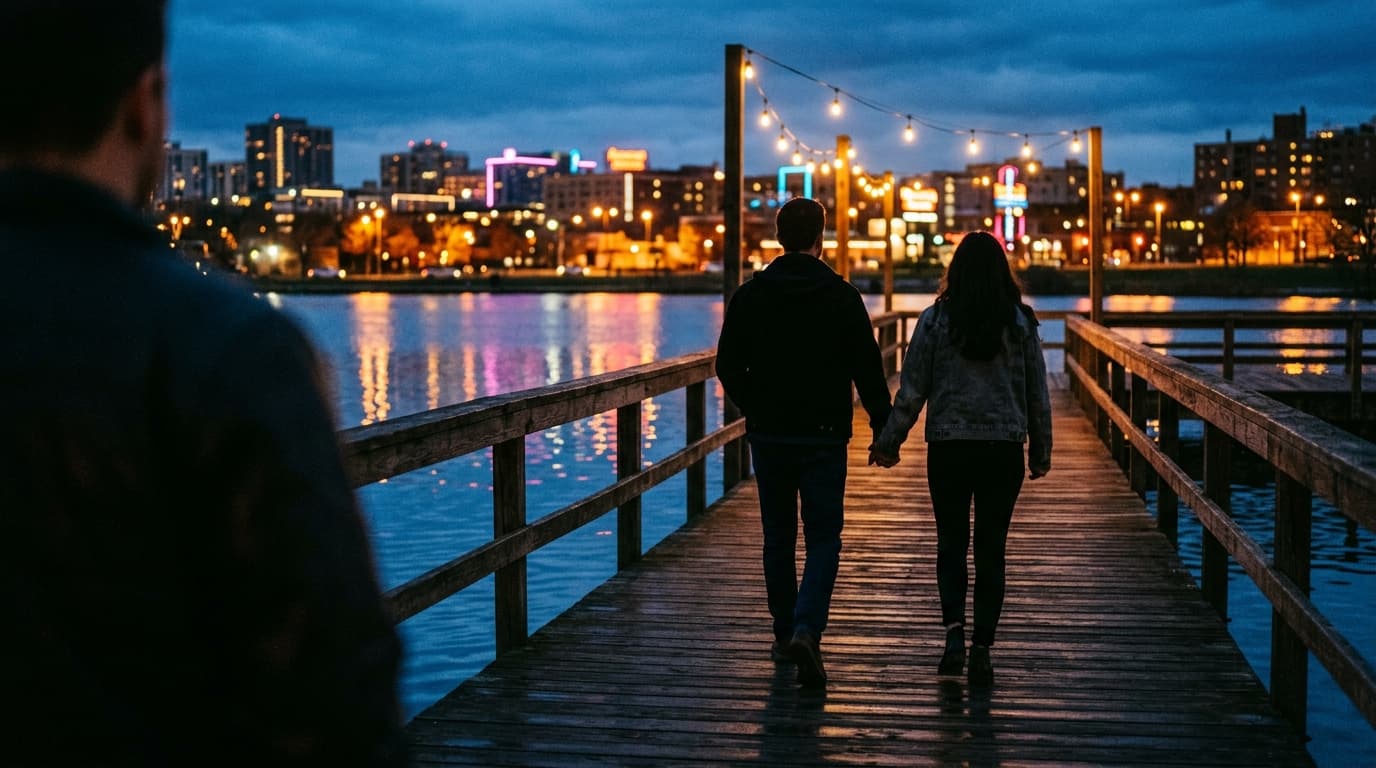 An over-the-shoulder 35mm shot at dusk near Oak Grove Lake Park; a couple walks along the wooden pier, silhouetted against...