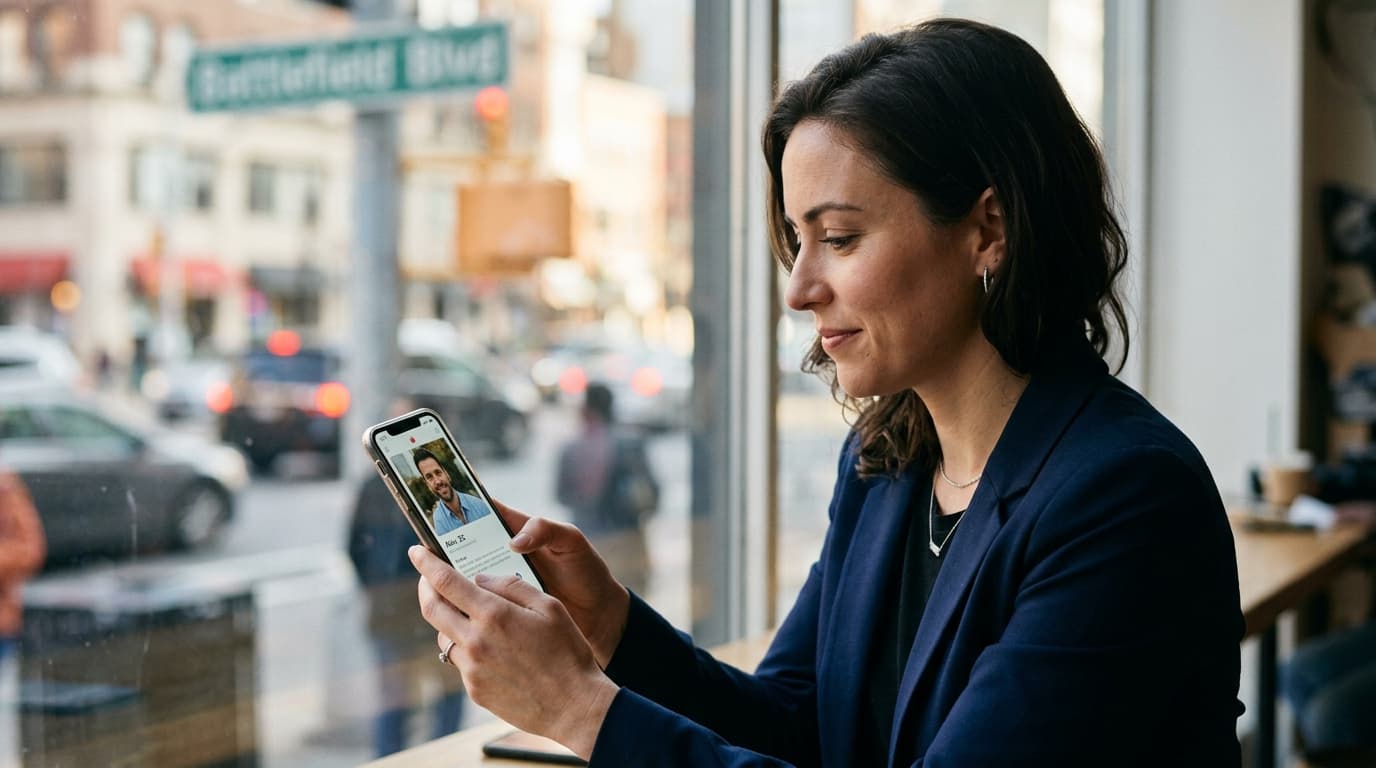A close-up 35mm shot, framed right, of a professional holding a smartphone displaying a Feeld profile. Natural noon light...