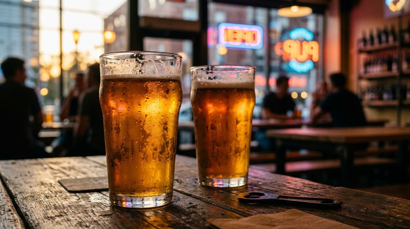A macro shot, captured at 85mm, focuses on two craft beer glasses resting on a rustic wooden table. Golden hour light hits...