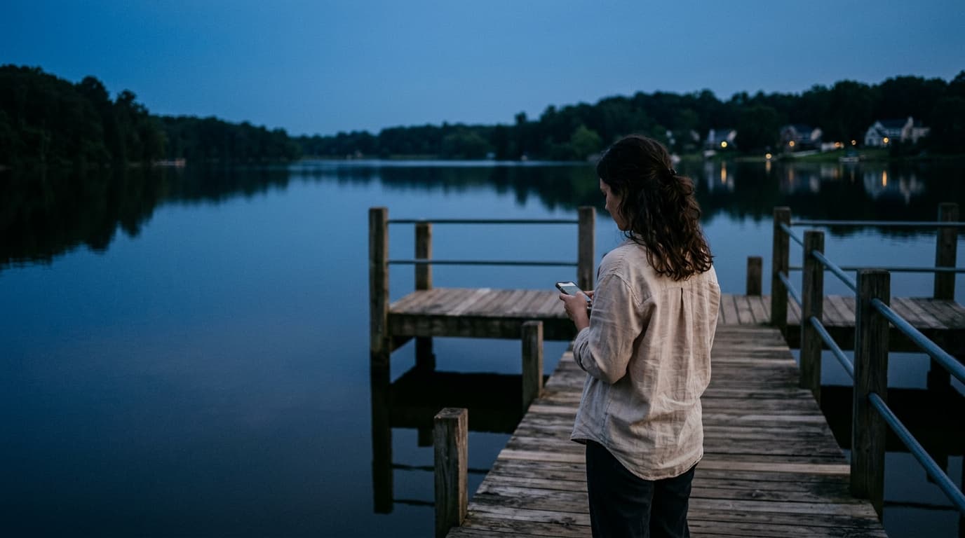 A woman in a light linen button-down stands on a weathered dock at Oak Grove Lake Park during blue hour. She holds a smart...